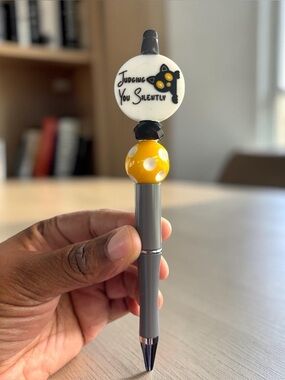 Handcrafted Cute 'Judging You Silently' Beaded Gray & Yellow Pen